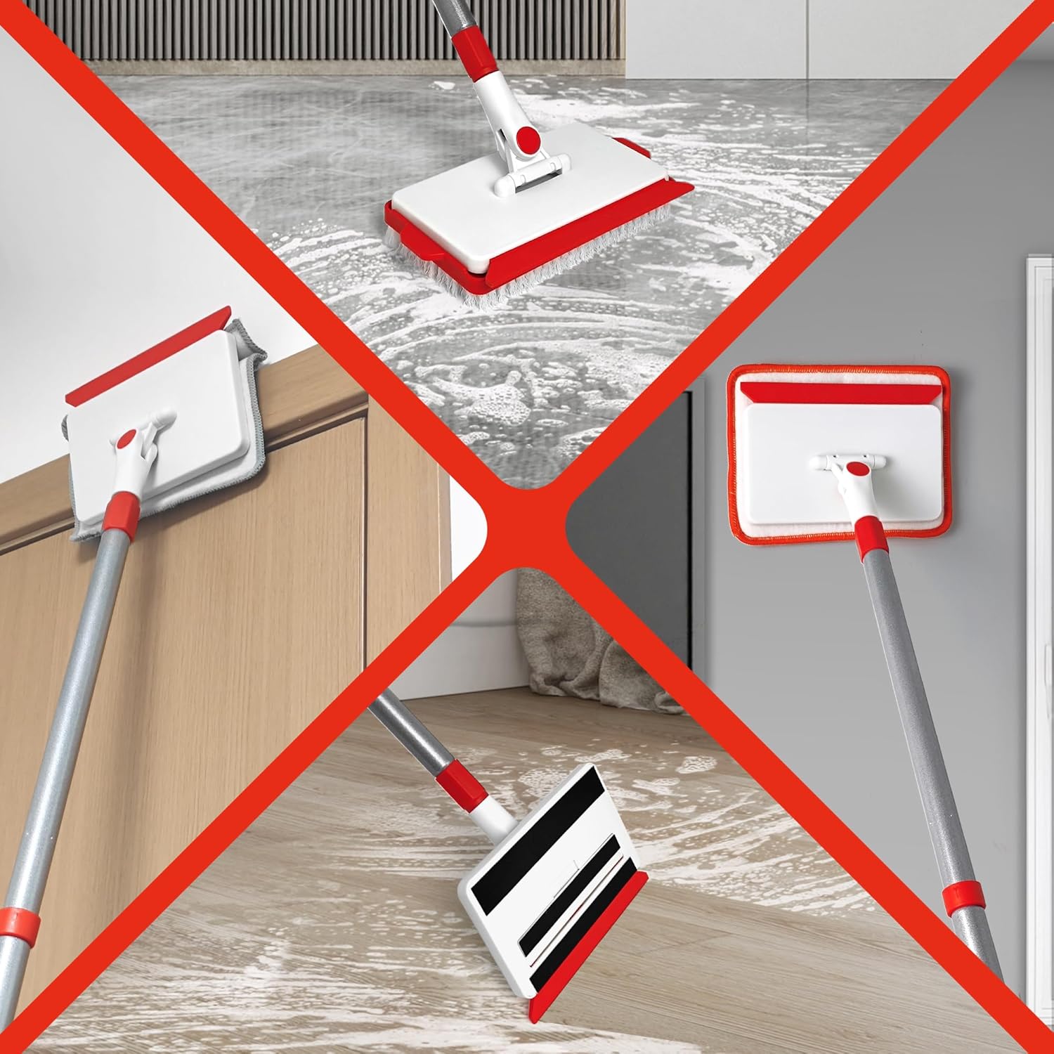 JEHONN Baseboard Cleaner Tool with Handle, 56 inches Base Boards Cleaning Mop Scrubber, 1 Stiff Bristles Brush, 2 Chenille and 2 Microfiber Pads, Wall Duster for Floorboard Ceiling Window Tile