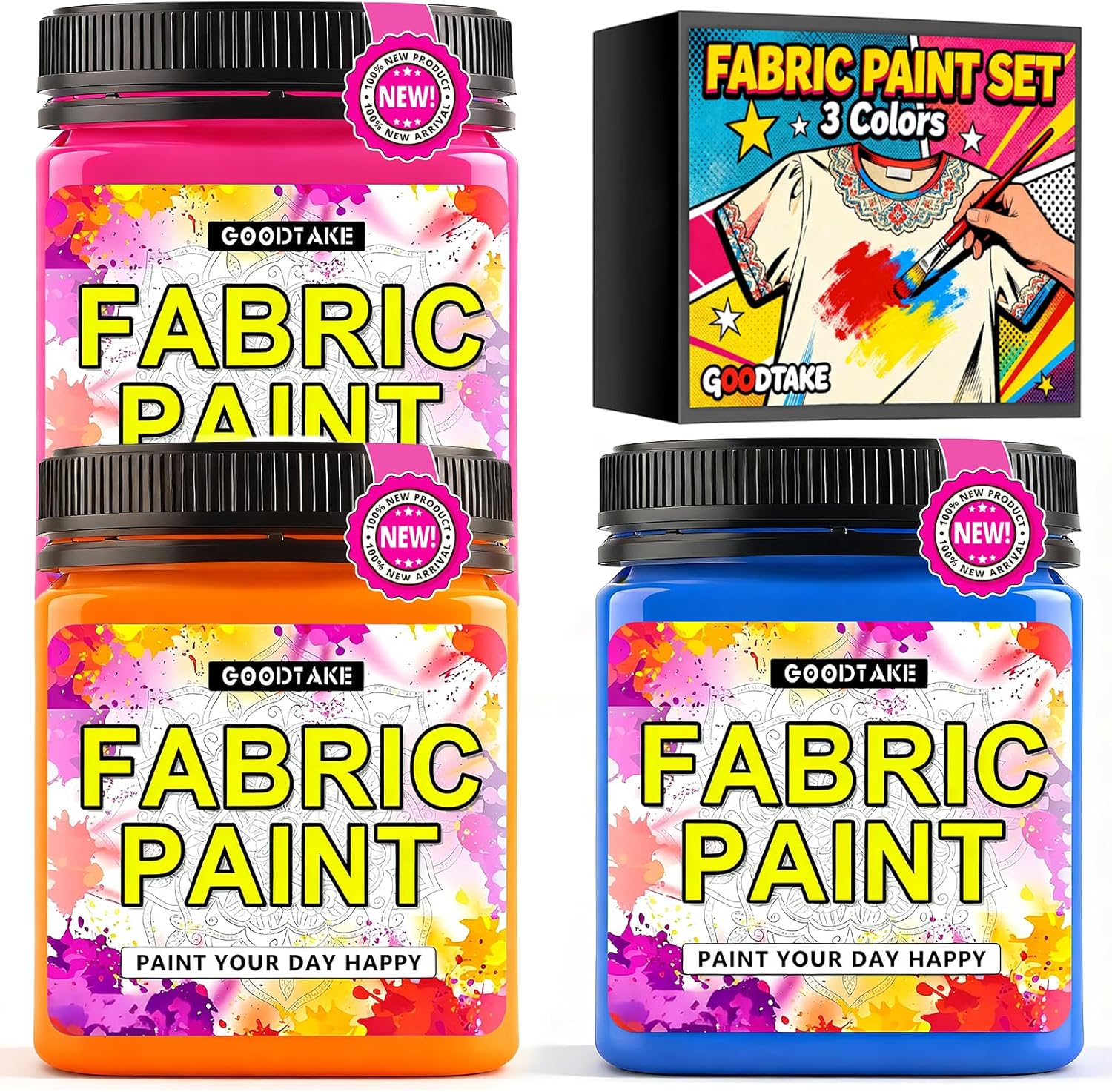 GOODTAKE Fabric Paint Set of 3 Colors - Pink, Orange, Sky Blue - 250ml (9 Fl Oz) Each - Permanent Acrylic Paint for Fabric & Clothes - for DIY T-Shirts, Jeans and Textile Art Projects