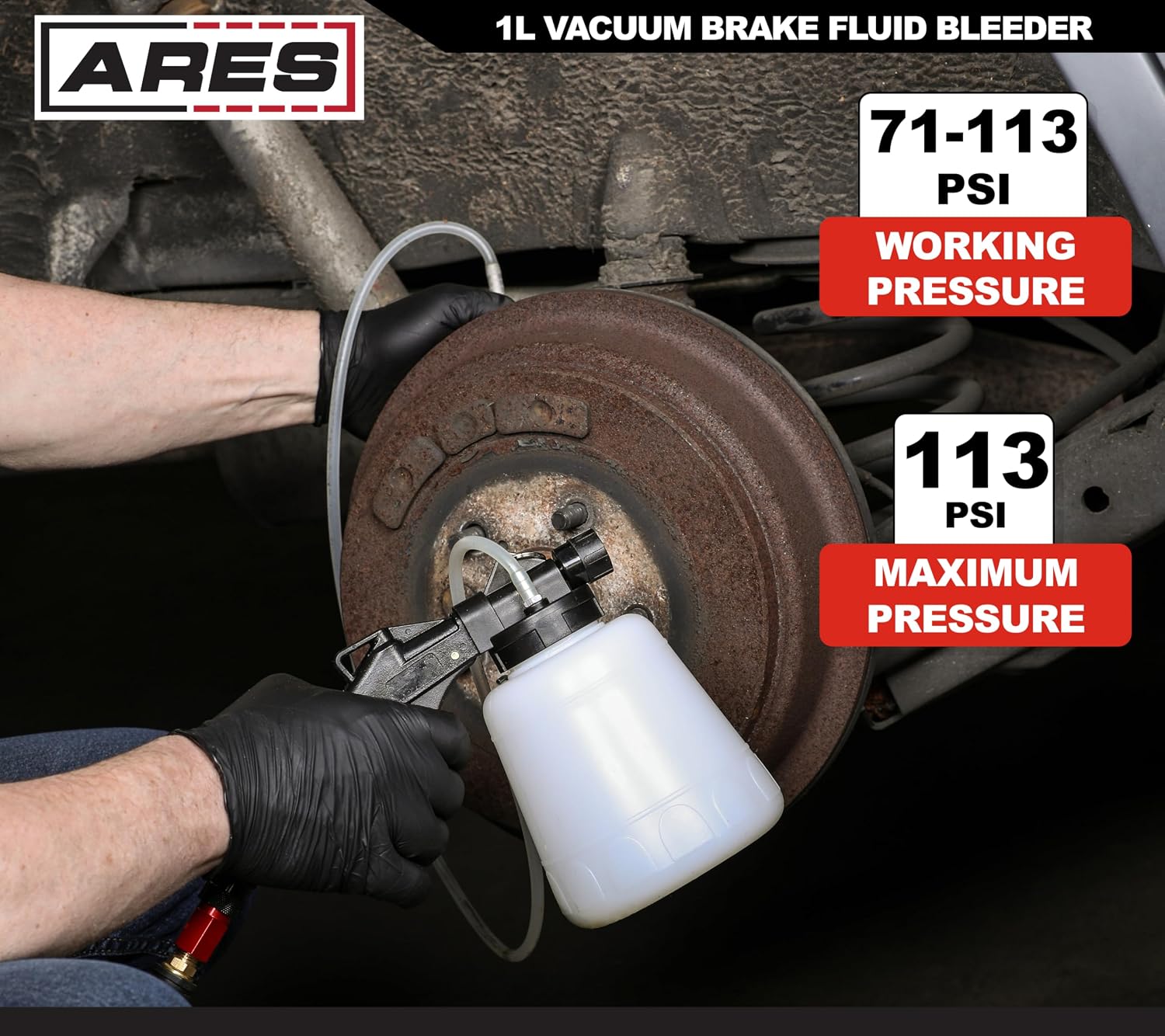 ARES 70923 - Vacuum Brake Fluid Bleeder - 1-Liter Vacuum Fluid Extractor - Hanging Hook and Locking Trigger Allows for Hands Free Operation