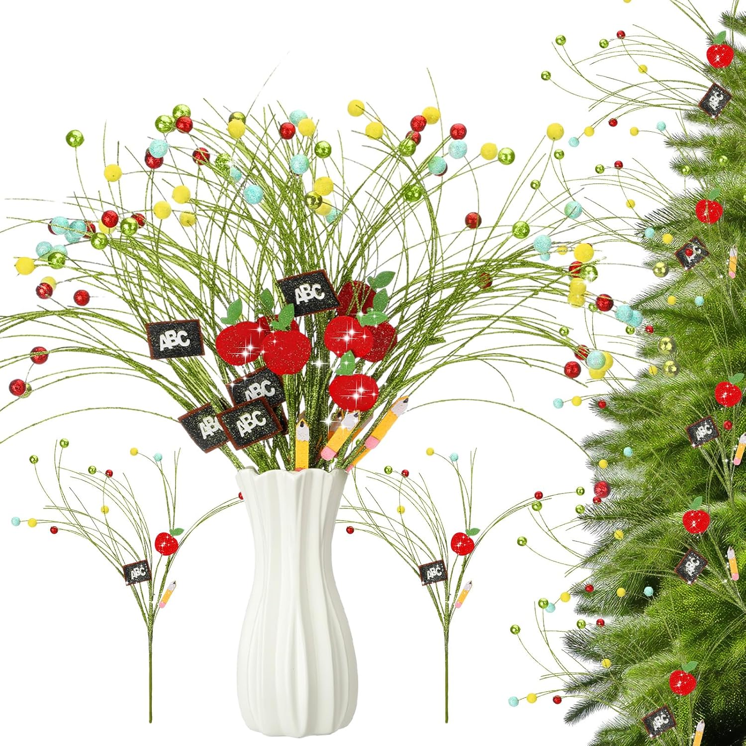 Soulchen 12pcs Back to School Party Centerpiece Sticks 15 Inch Metal Glitter First Day of School Floral Tree Picks Apple Blackboard Pencil Decorations for Classroom Themed Party Decorations