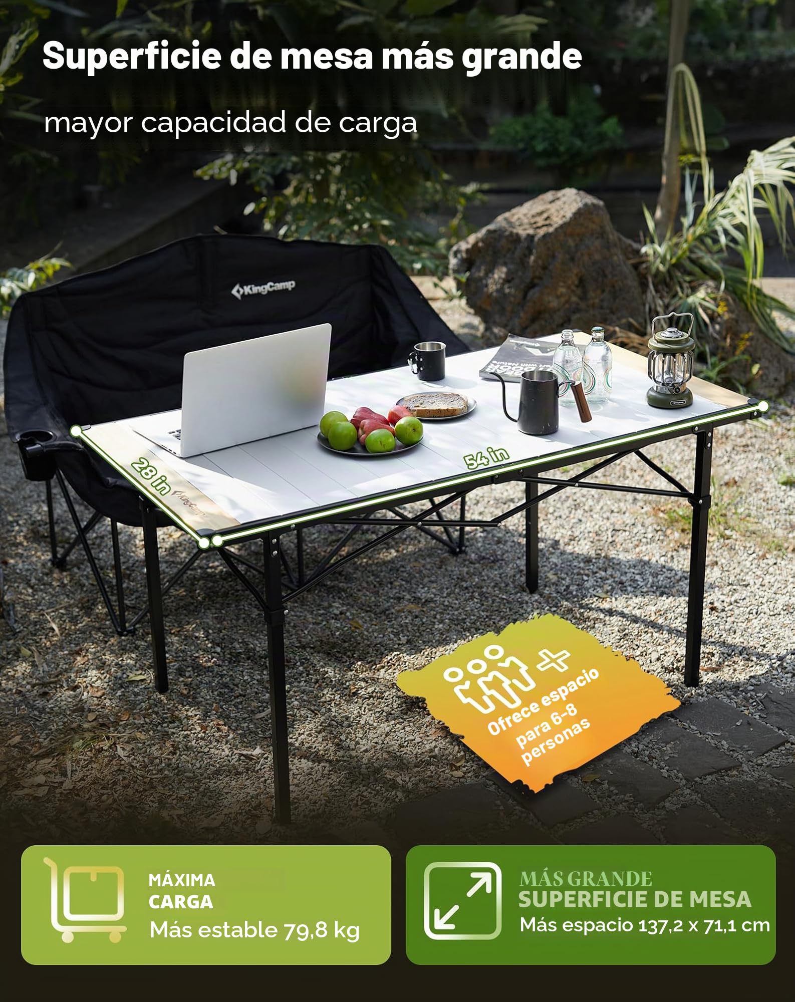 KingCamp - Mesa de camping plegable con marco de aluminio - Superficie enrollable (136 x 70 cm) para 4 a 6 personas - Mesa de camping plegable con bolsa de transporte - Carga máxima: 80 kg - Plateado