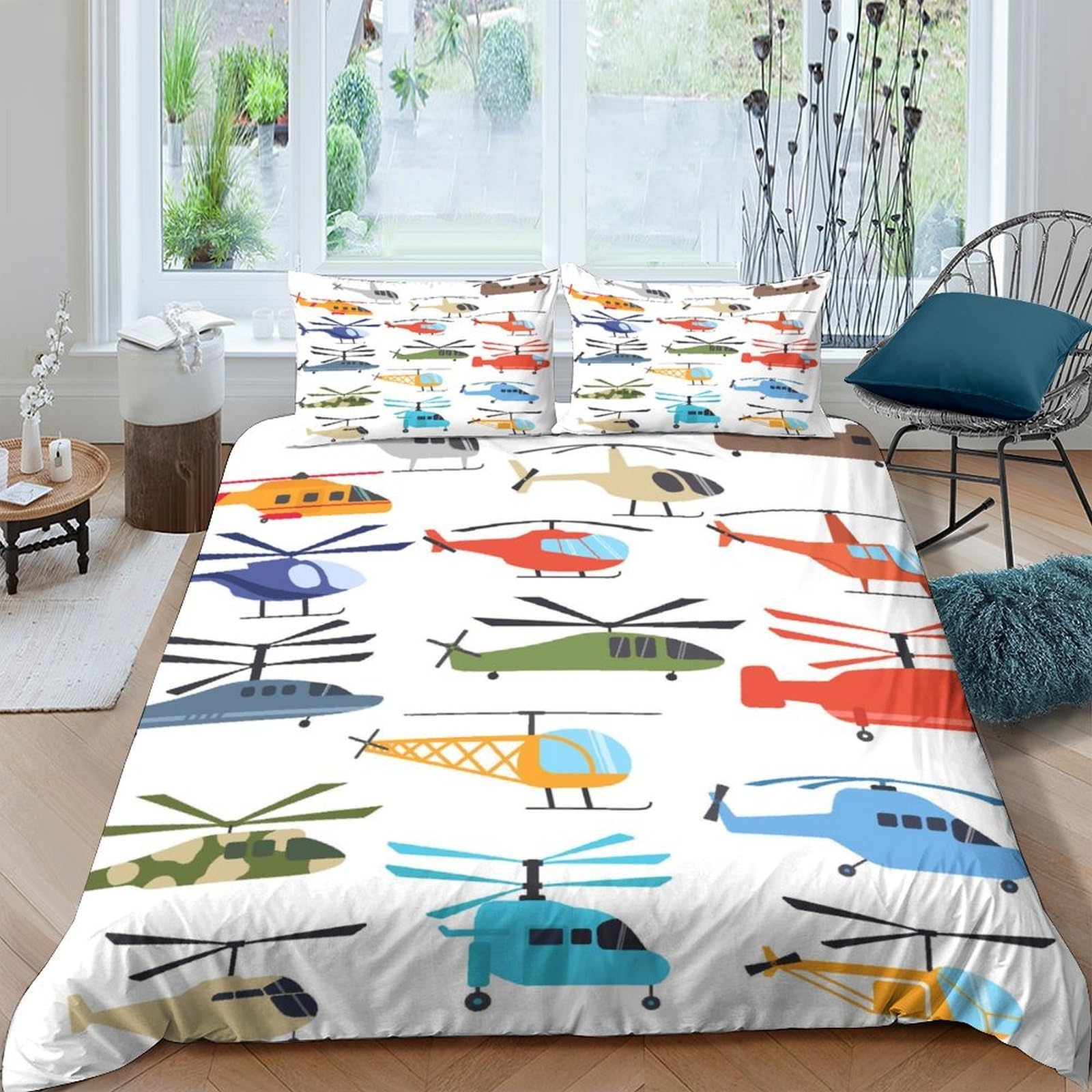 GPLZQXKJNH 3D Printed Colourful Helicopter Duvet Cover Microfiber Bedding Set with 2 Pillowcases, Soft Breathable for Bedroom Decor Single（135x200cm）