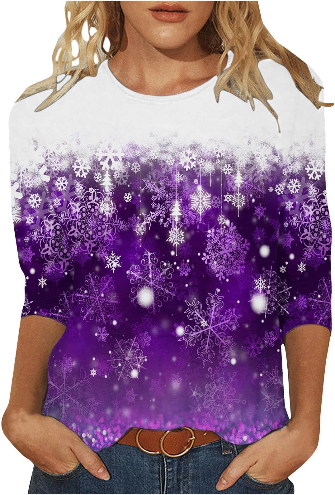 JISDFKFL Women's Christmas Sweatshirt Sale Clearance, 3/4 Sleeves Sweaters Round Neck Fashion Uk Funny Graphic Christmas Snowflake Print 2023 Fall Outfit Pullover Xmas Festive Costume