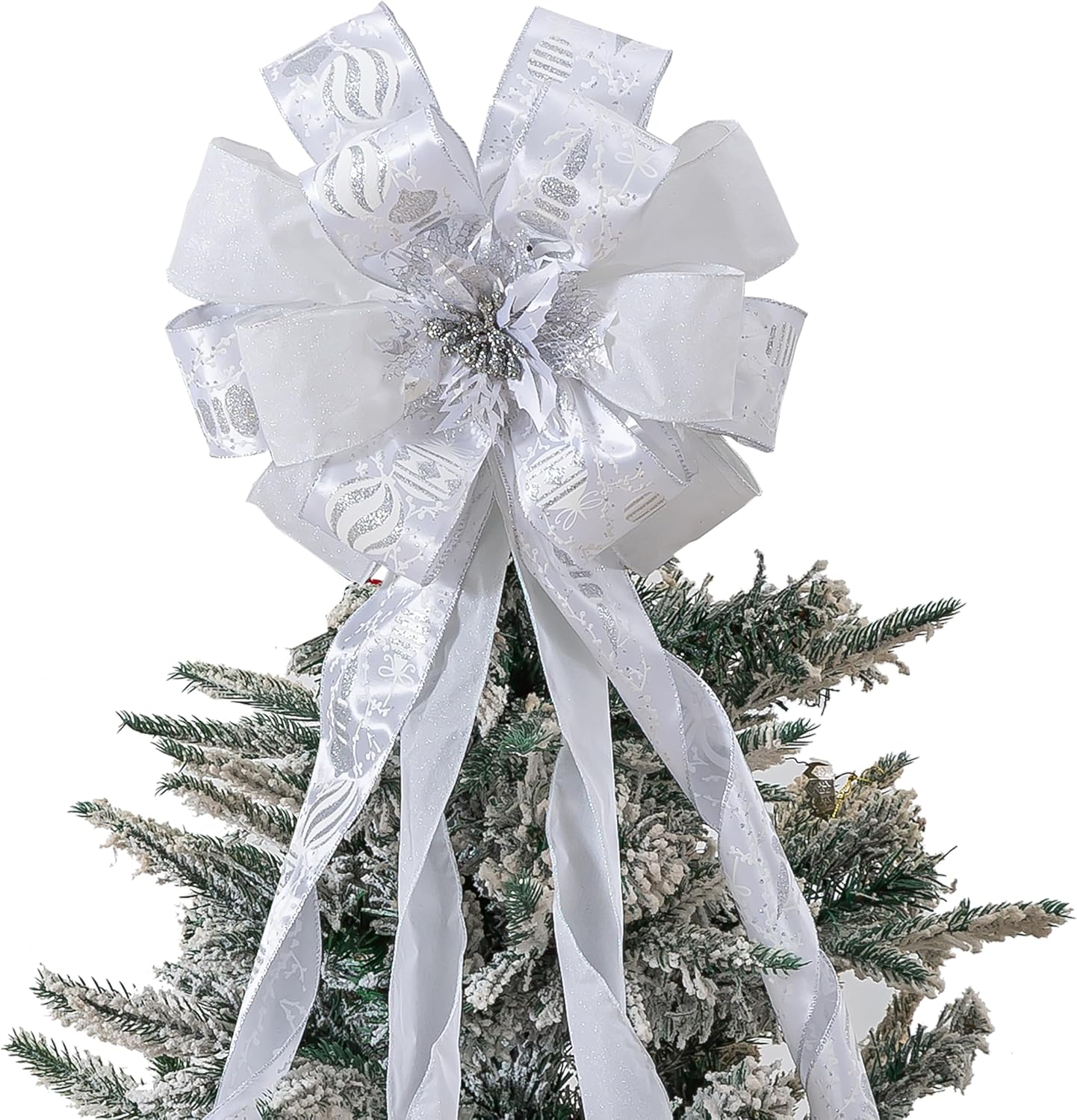 Christmas Tree Topper Bow Flower, Glitter Mesh Ribbon Patterns and Cute Flower Design, 50 X 12 Inch Christmas Handmade Bow for Home, Wedding, Birthday Party, Indoor Outdoor Holiday Decor (Sliver)