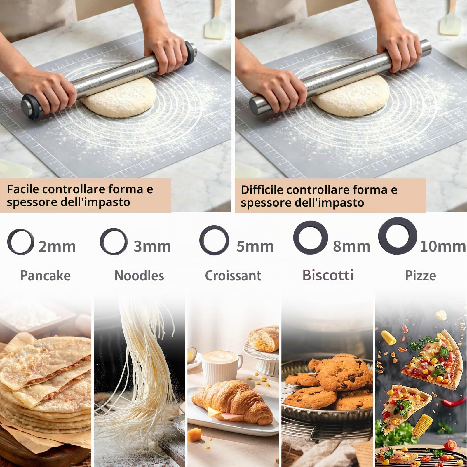 SUPER KITCHEN Mattarello in Acciaio Inox Con 5 Dischi Regolabili Anello, Stuoia di Rolling della Pasticceria del Silicone Antiaderente Tappetino da Forno Spianatoia per Impastare (50x40cm, Grigio)