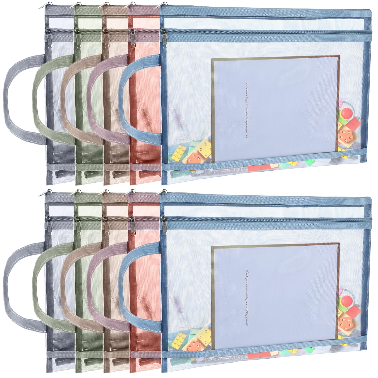 10 Pack Colored Mesh Zipper Pouch Bags, Double-Layer Nylon Puzzle Building Block Sets Toy Storage & Organization, Breathable See Through A4 Zipper Pouch with Handle for School Office Games