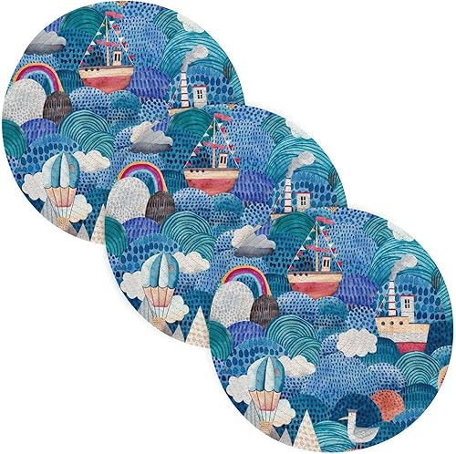 Juego de salvamanteles a prueba de calor de acuarela para barcos y nubes, 3 piezas, almohadilla resistente al calor para platos calientes, juego de
