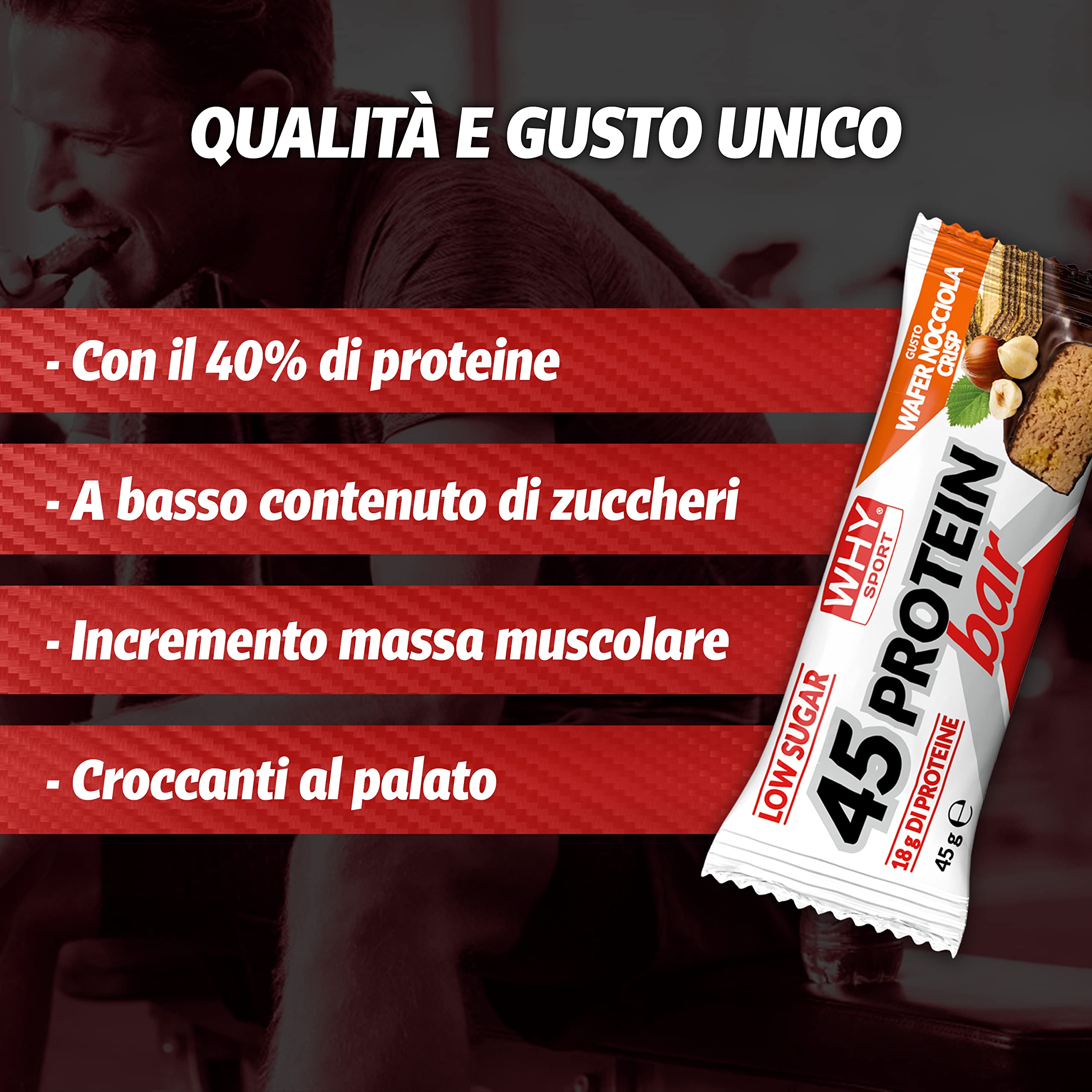 WHY SPORT 45 PROTEIN BAR - Barrette Proteiche con Proteine Concentrate - Snack Proteici Gusto Wafer Nocciola Crisp - Box da 28 Barrette - 45 gr