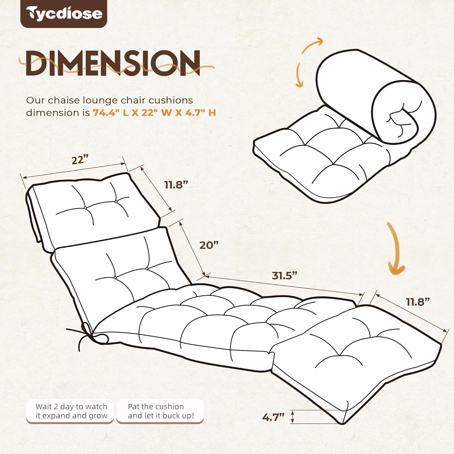 Outdoor Chaise Lounge Chair Cushion Waterproof 74.4 x 22 x 4.7 Inches Memory Foam Lounge Chair Cushions Replacement for Outdoor Furniture with Ties, Thickened Pool Lounge Chair Cushions, Grey