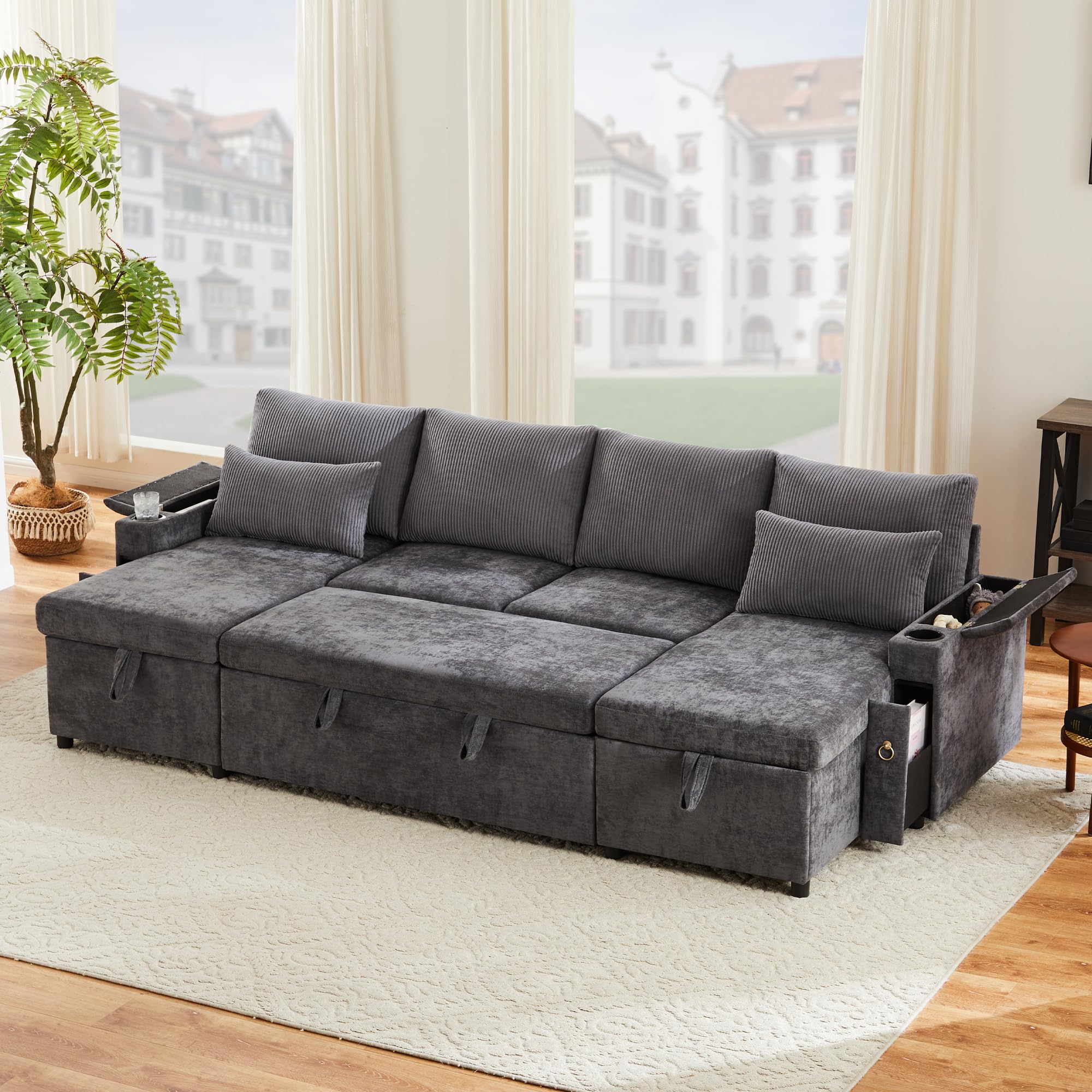 Kebnor Sofá cama de cuatro plazas en forma de U con soporte para bebidas, sofá de esquina con espacio de almacenamiento y función de descanso. Incluye soporte para bebidas y almohadas. Sofá