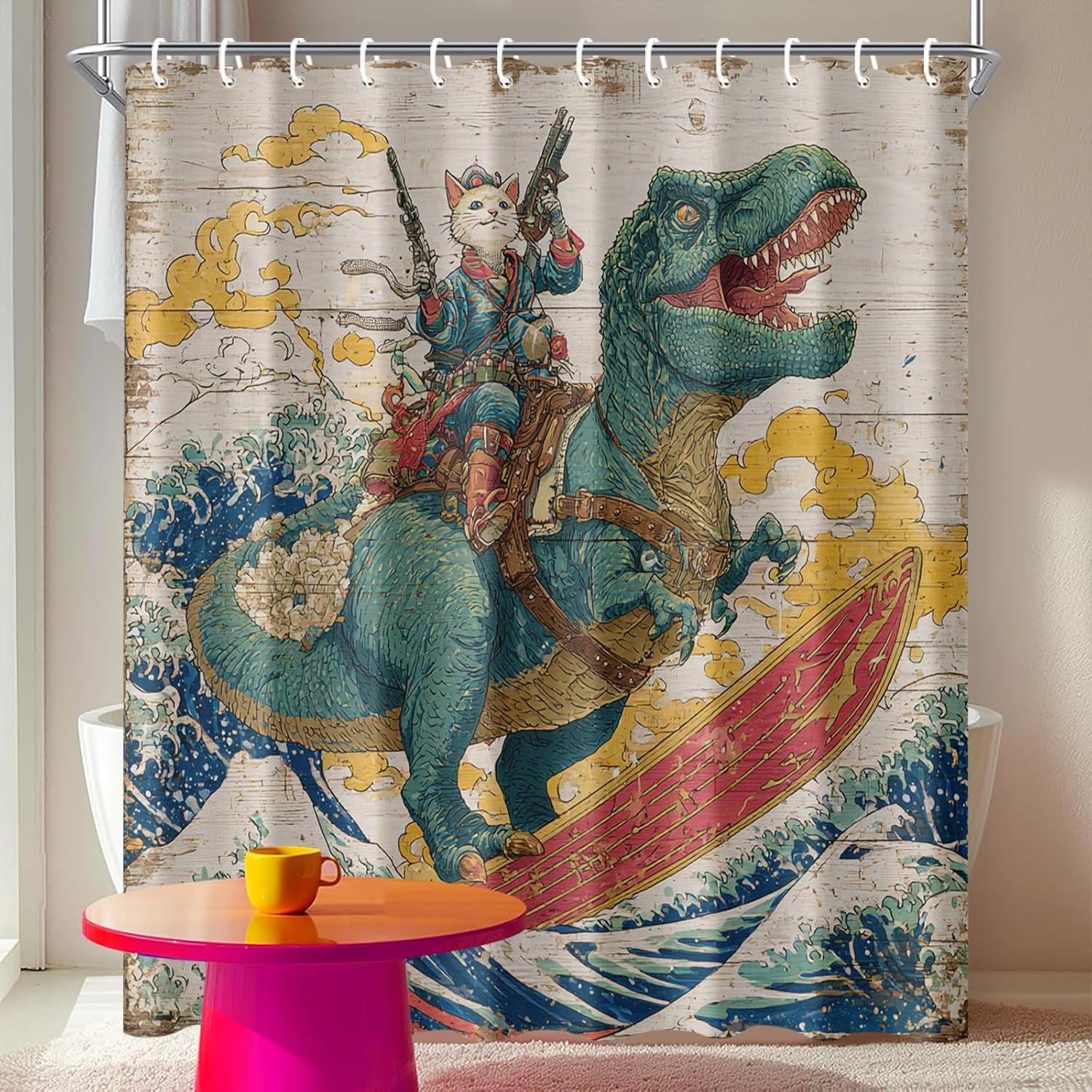 Surfing Dinosaur Shower Curtain 72x72 Inch Cyberpunk Cat Art Cool Bathroom Decor Japanese Wave Style Waterproof Fabric