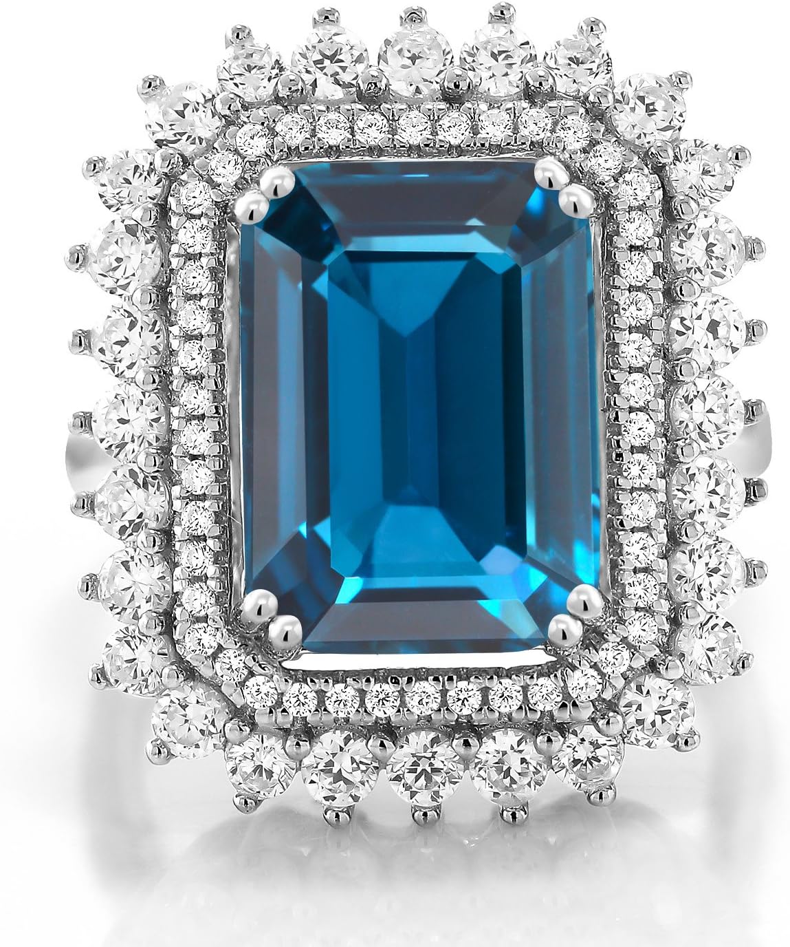 Gem Stone King 5-10 Cttw Emerald Cut Halo Ring For Women | 925 Sterling Silver | Gemstone Birthstone | Emerald Cut 14X10MM | Wedding Anniversary Promise Statement Ring | Available In Size 5-9