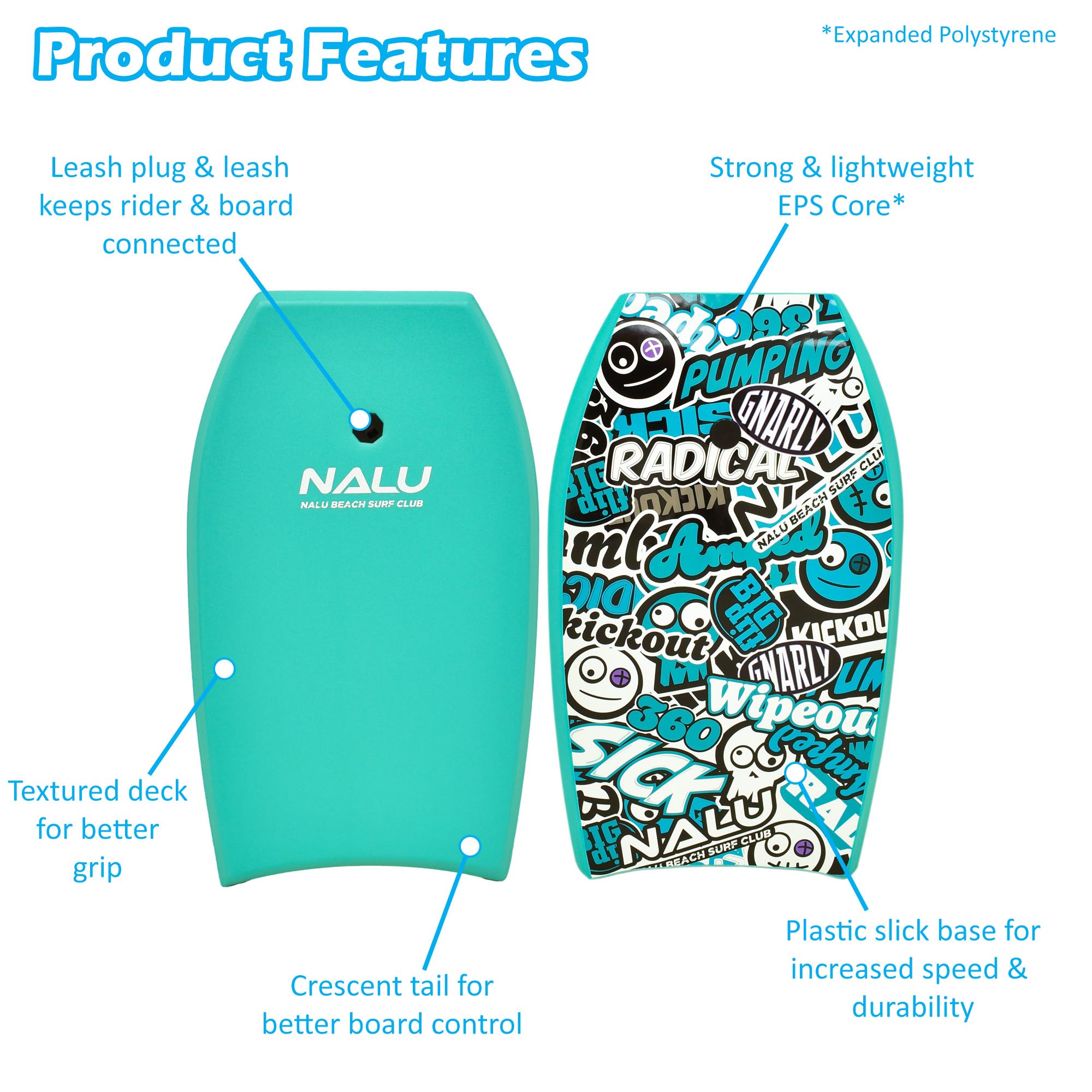 Nalu Bodyboard Cross Bodyboard en polystyrène expansé avec laisse et bouchon Bleu sarcelle 104,1 cm