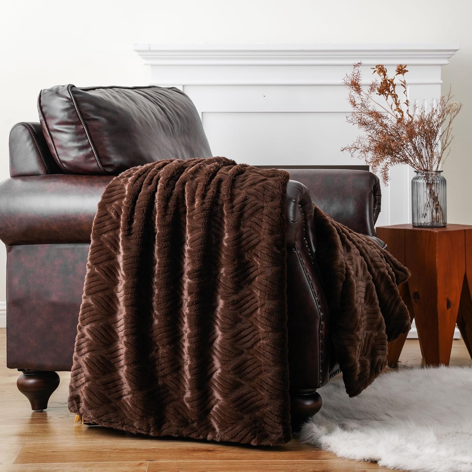 BATTILO HOME Large Brown Faux Fur Blanket for Couch, Faux Rabbit Fur Blankets and Throws for Bed, 60"x80", Plush Cozy Soft Warm Blanket with 1 Fur Pillow Cover 18"x18"