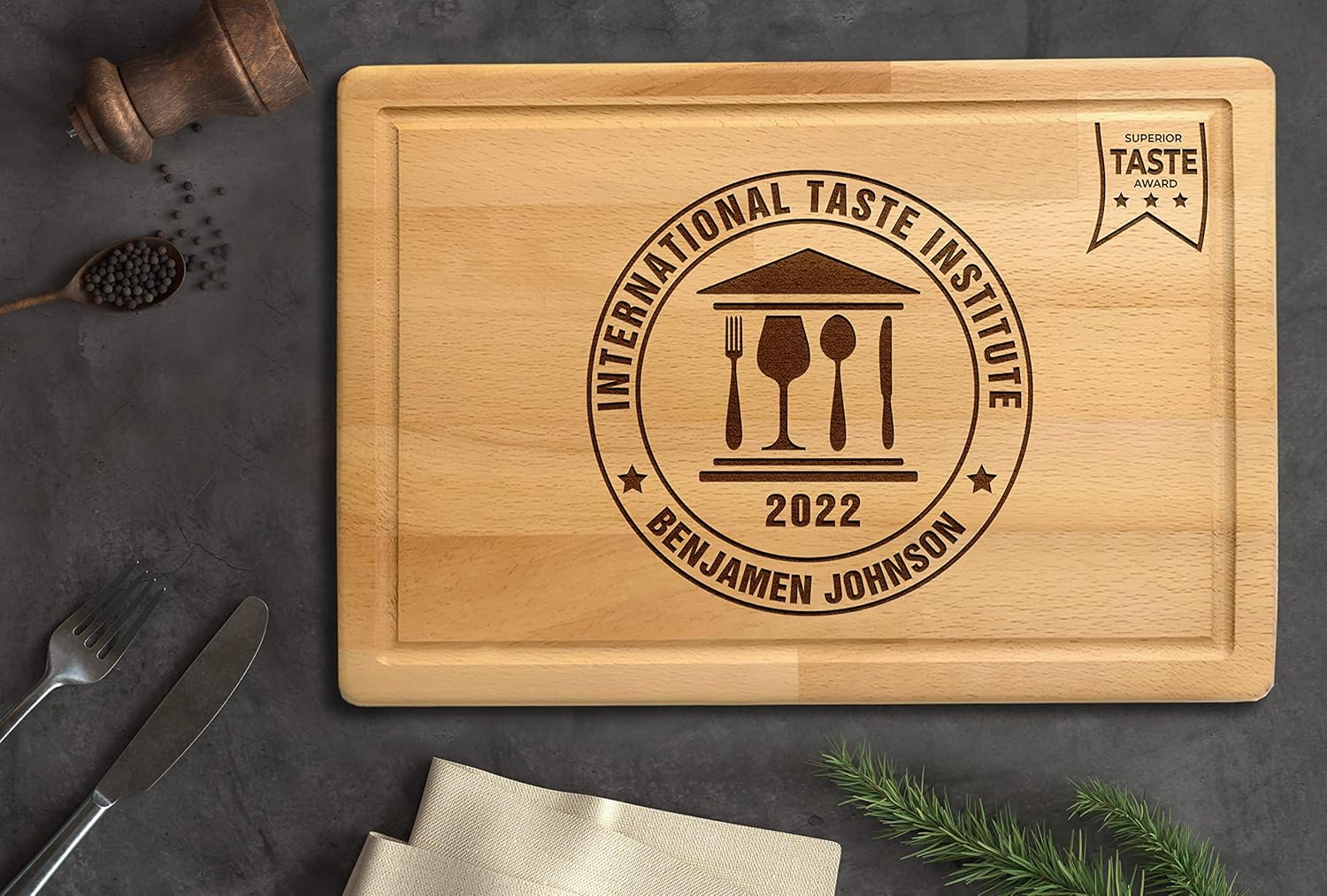 Personalized Wood Cutting Board, Chef Award, International Superior Taste Award, Customizable Anniversary and Birthday Gift for Women or Men, Cooking Handmade Gift, Taste Institute