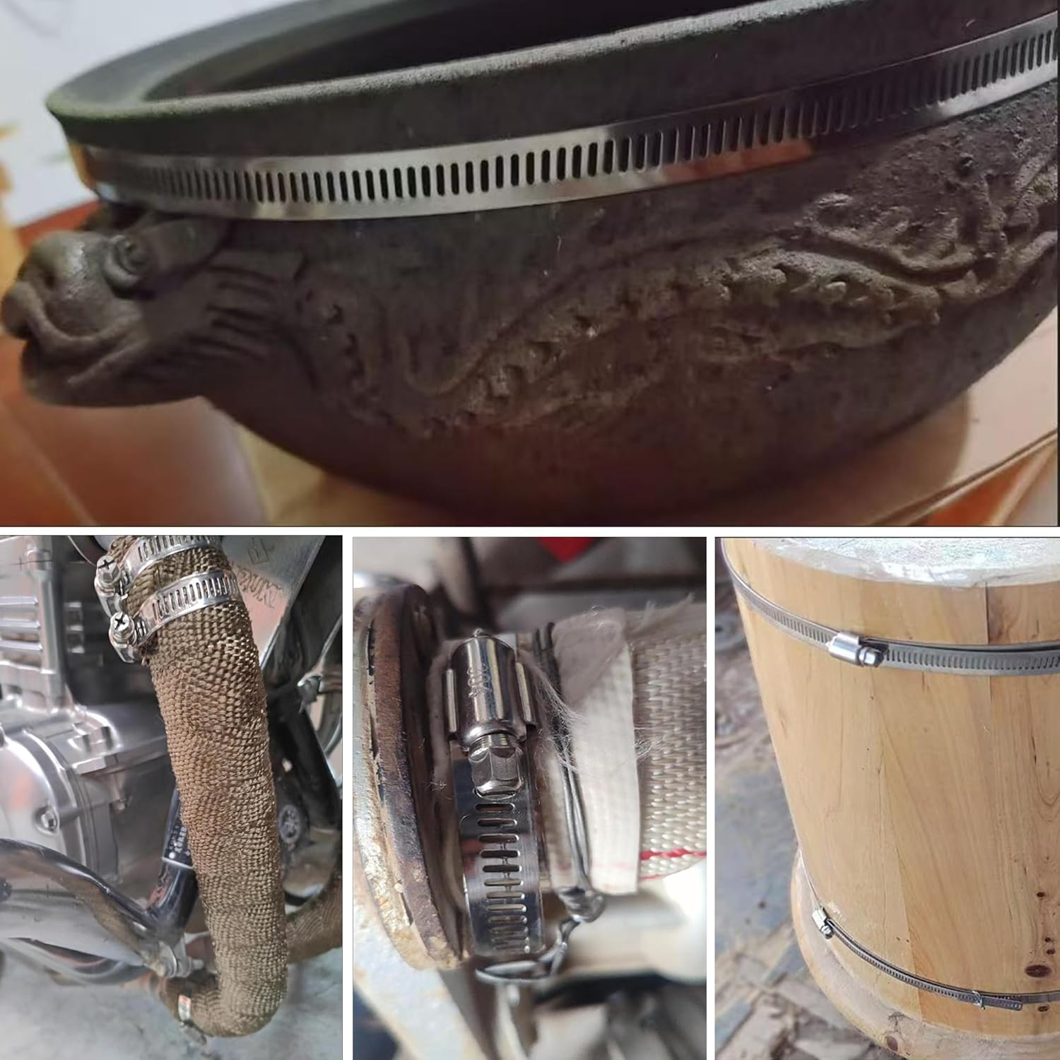 Deecam Stainless Steel Hose Clamps, 10FT Metal Strapping with Holes, Hose Pipe Strap Adjustable Worm Gear Assortment Kit, Heavy Duty Long Metal Band Clamps for Pool Duct Pipe Tube Repair