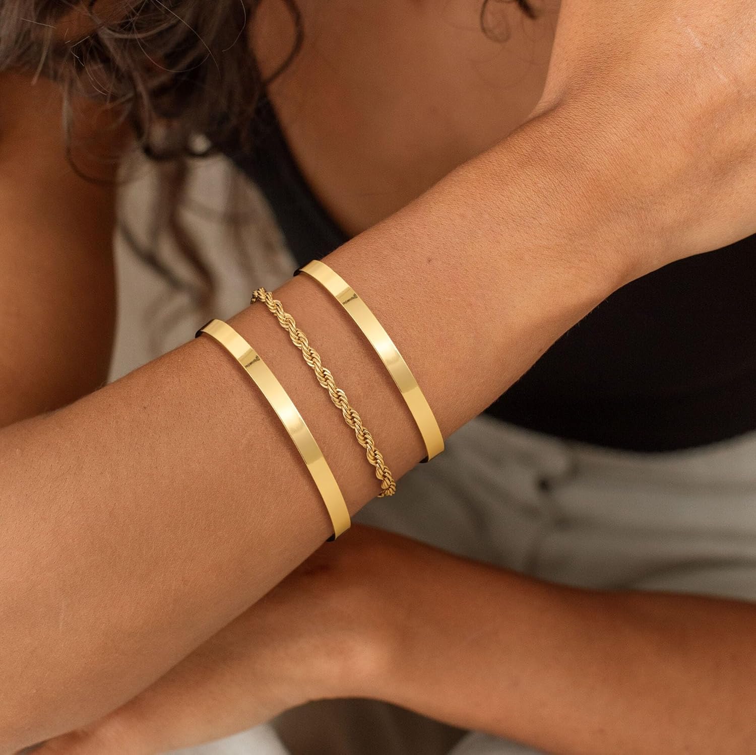 Gold Bangle Bracelets for Women, Non Tarnish Dainty 14K Gold Plated Cuff Bracelets Stackable for Women,Waterproof Bracelet Stack Gold Jewelry Gifts Trendy Adjustable Accessories - Image 8