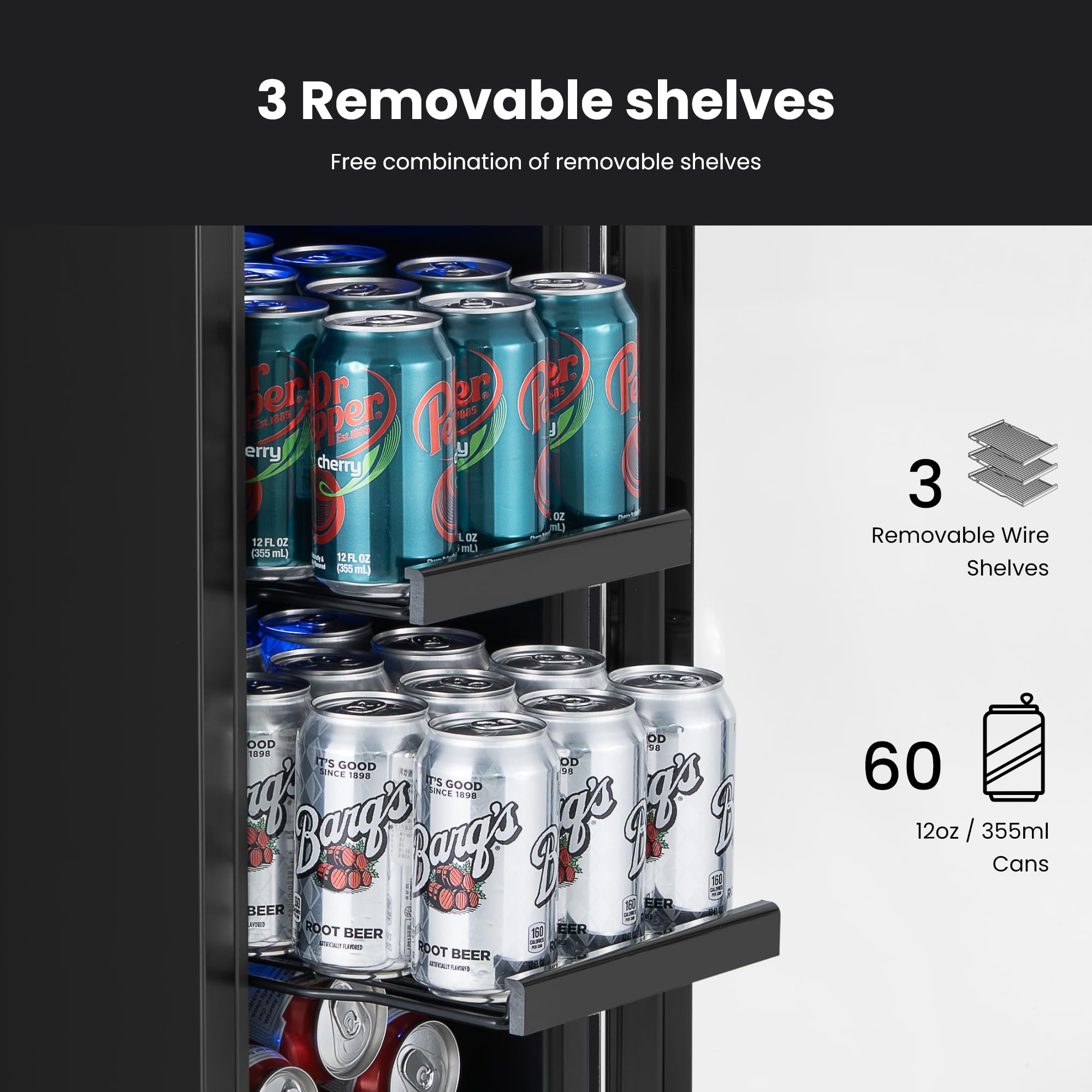 YEEGO 12 Inch Beverage Refrigerator - 60 Cans Compact Beverage Cooler With Glass Door, Under Counter Drink Fridge Built-In Or Freestanding For Soda, Beer & Wine, Office, Kitchen Or Home Bar on Fridge.com - View 2