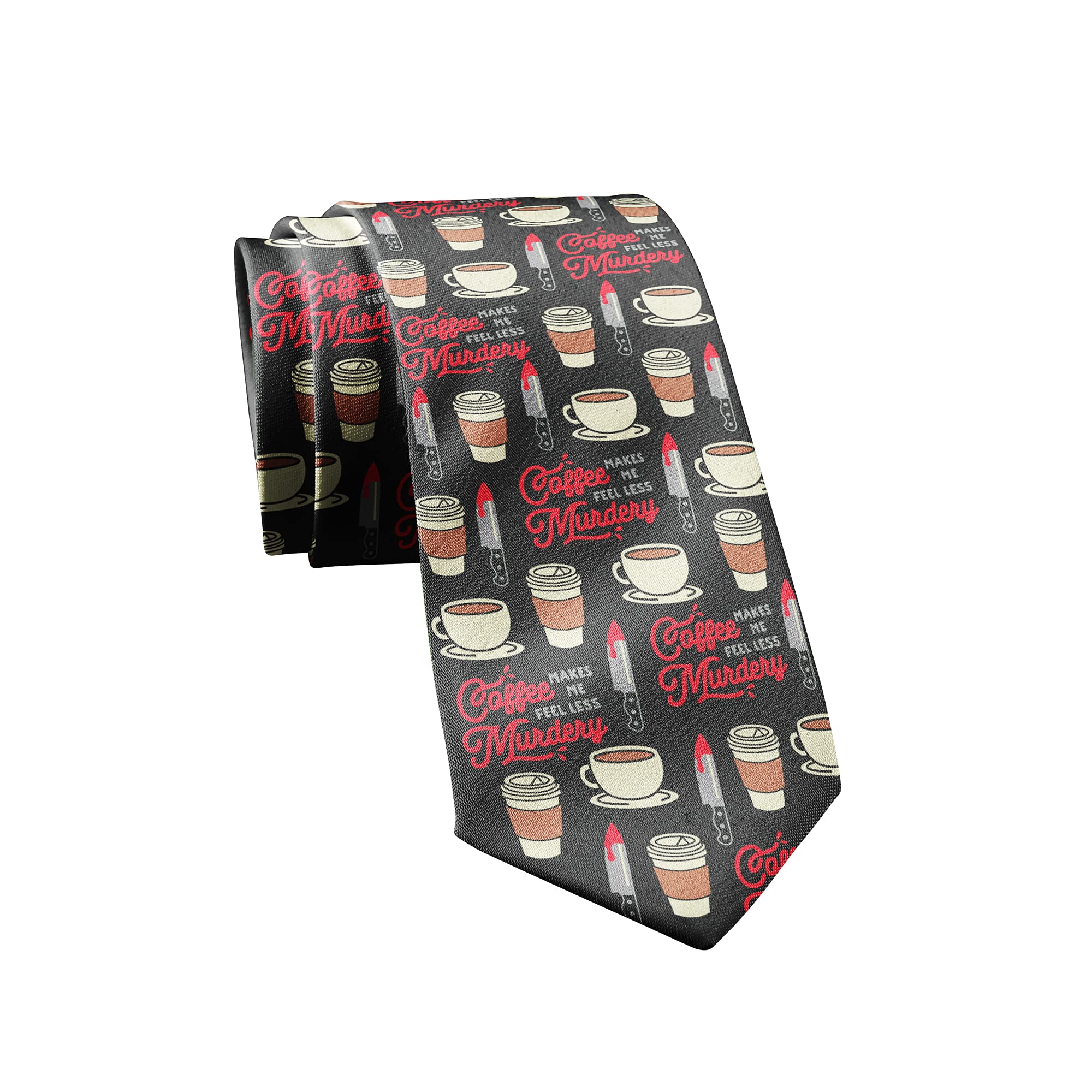 Crazy Dog T-Shirts Funny Coffeeholic Tie for Men - Coffee Makes Me Feel Less Murdery - Novelty Necktie Gift for Caffeine Lovers Enthusiasts and Baristas Humorous Outfit Accessory