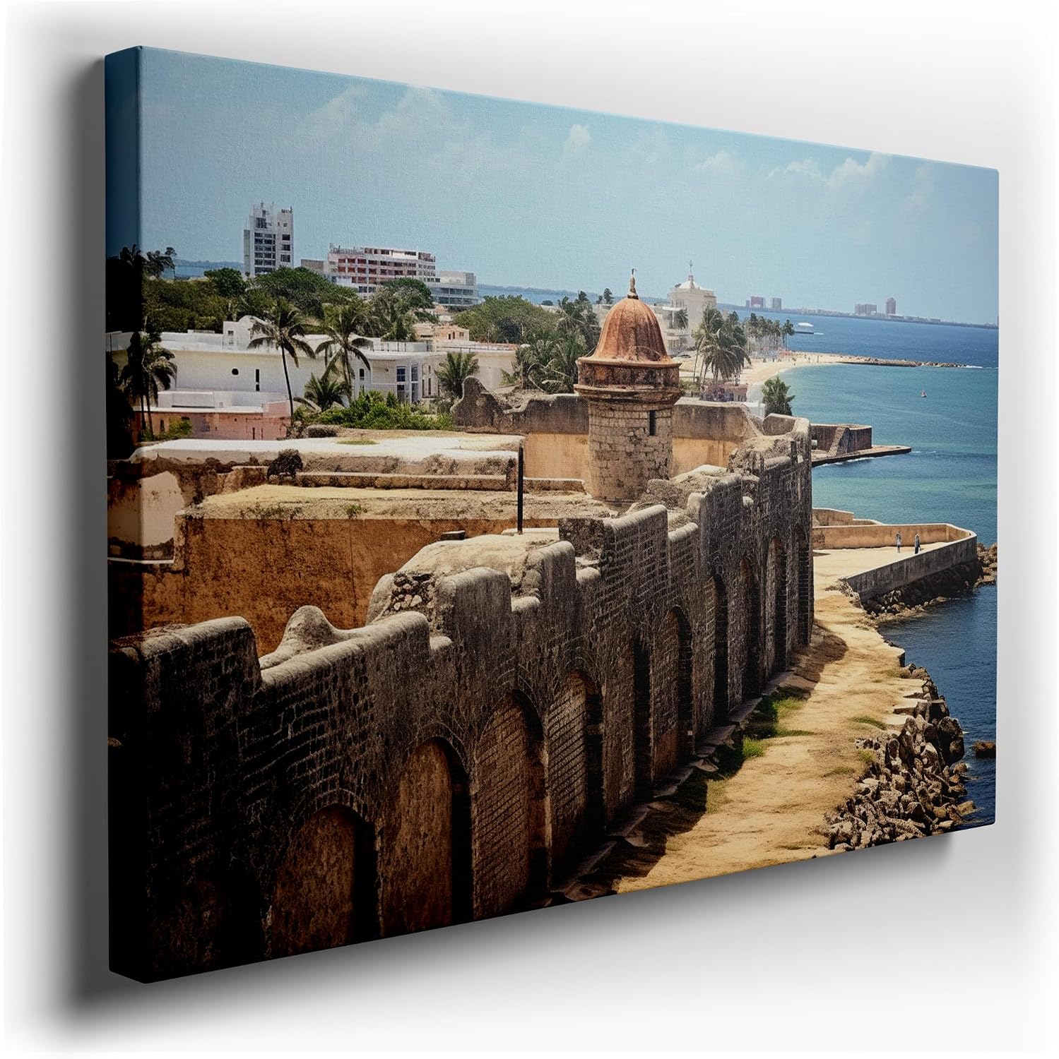 Canvas for Living room. San Juan's Enchanted Shores: A Glimpse into the City's Historic Elegance and Coastal Charm, 27 x 18 inch Canvas Wall Art - Contemporary Masterpieces - Modern Home Decor