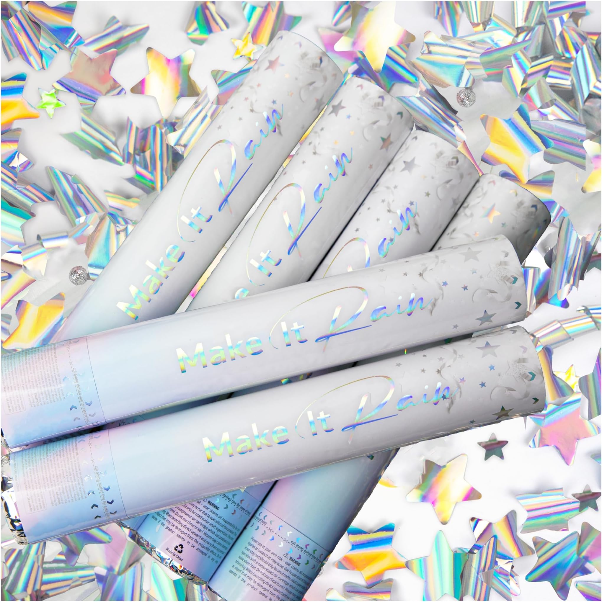 PrimePure Confetti Cannon Party Poppers - Holographic Silver Stars Confetti Poppers - 6 Pack - Party Cannons Shooters Gun for Wedding, Birthdays, Celebrations