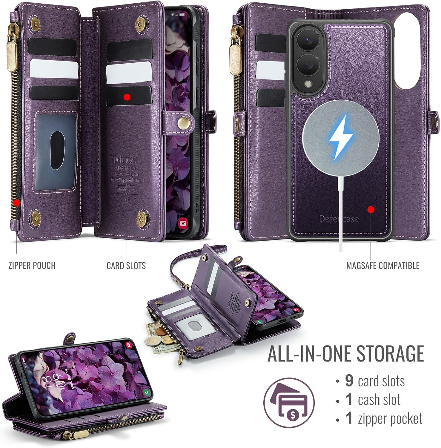 Defencase for Samsung Galaxy S25 Edge Magnetic Wallet Case Compatible with Magsafe with RFID Blocking Zipper & Card Holder Women, PU Leather Detachable Phone Case for Galaxy S25 Edge 6.7", Purple