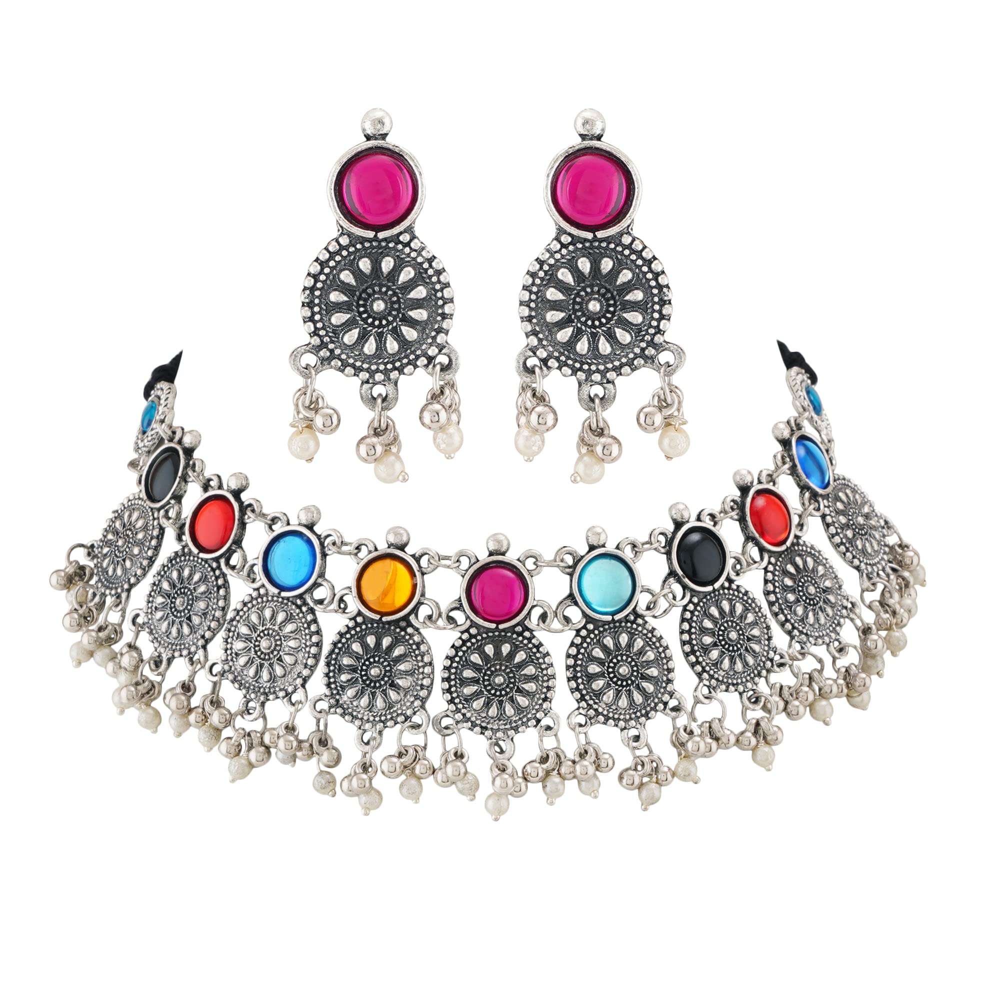 Shreyadzines Fashion Latest Choker Design Oxidised Silver Stone Traditional Necklace Earrings Jewellery Set for Women (Multicolor) (B0BS61SKRT) Amazon Price History, Amazon Price Tracker