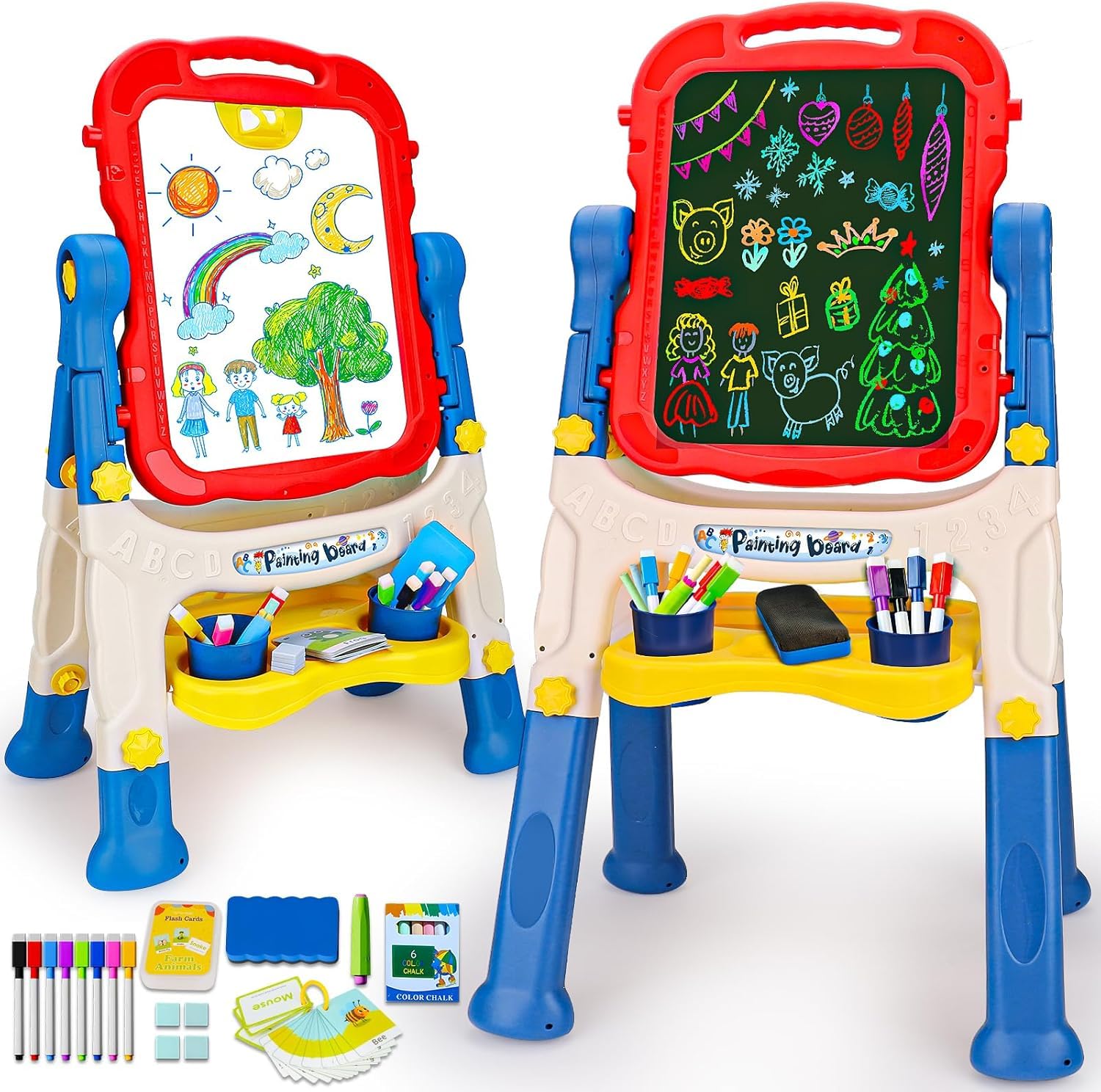 4 in 1 Kinder Staffelei Höhenverstellbare, Doppelseitige Kindertafel mit Magnetischer Kreidetafel & Whiteboard, Kinder Standtafel mit kreide und magnet ab 3 4 5 6 Jahre Geschenk (Rot)