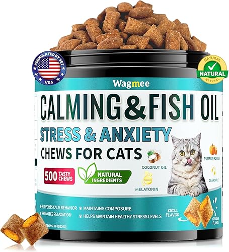 Wagmee Golosinas calmantes para gatos, 500 sabrosos masticables para gatos con melatonina, aceite de coco, manzanilla para aliviar el estrés y la