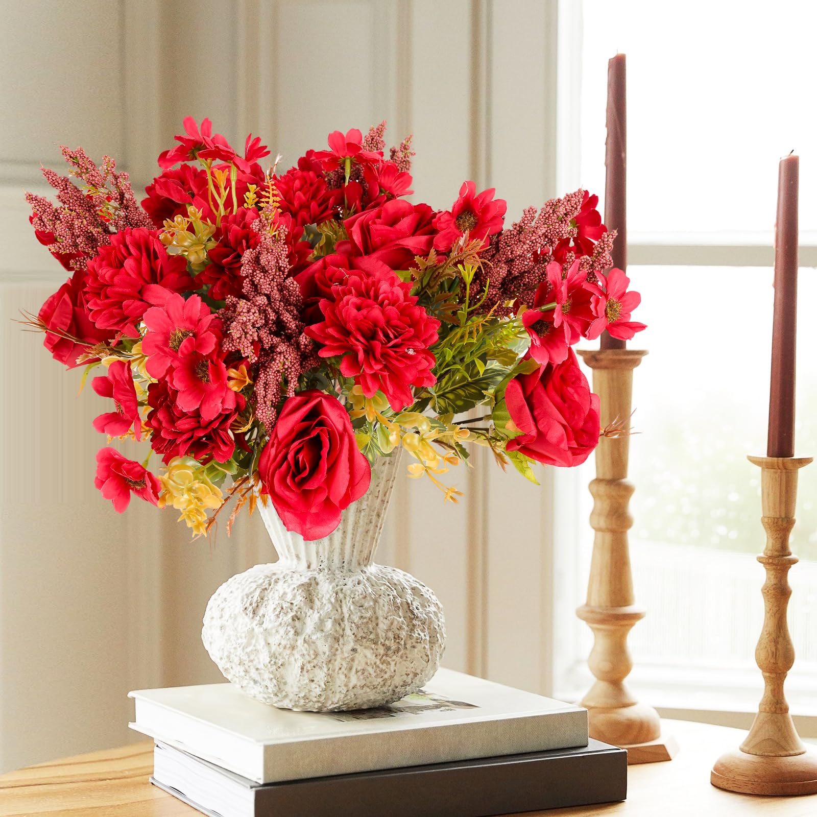 EUWLY 4 Bunches Rose Artificial Flowers, Real Touch Silk Fake Flowers with Stems Decor for Wedding Home Decor Vase Arrangement Centrepiece, Never Wilts