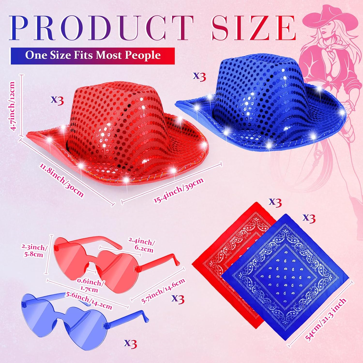 Shihanee 18 Pcs Light Cowboy Hat Space Cowgirl Hat LED Flashing Hat with Heart Glasses Western Costume Paisley Bandanna - Image 3