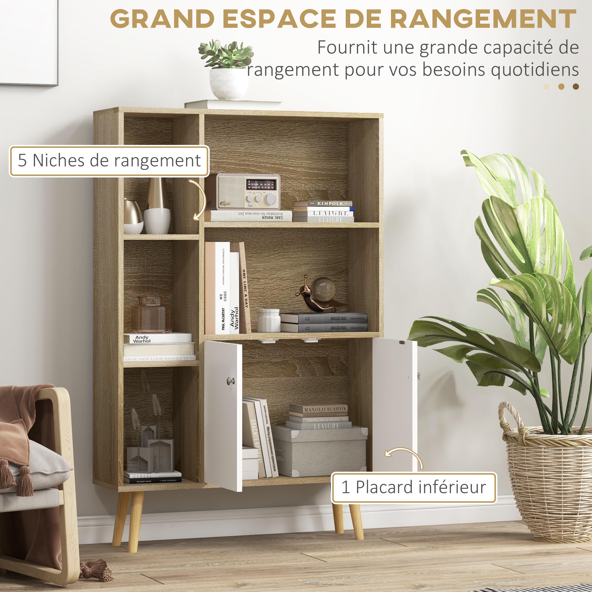 HOMCOM Bibliothèque 5 Niches Placard 2 Portes 80L x 23,5l x 123H cm Chêne