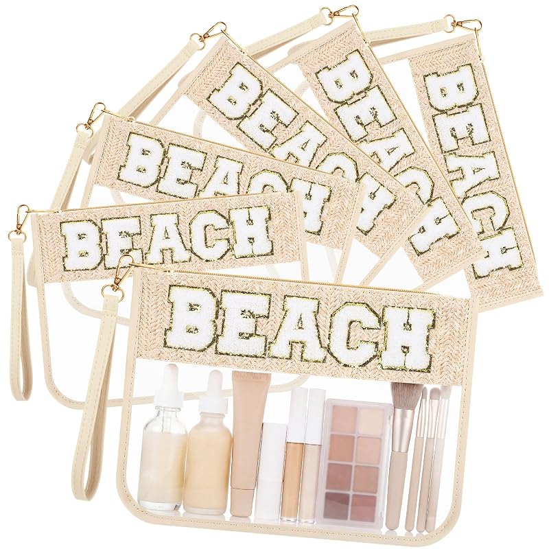 Kacctyen Pacote com 6 Necessaires Transparentes de PVC e Nylon com Letras de Chenille, Zíper e Alça, Natural Straw, BEACH