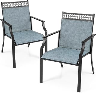 Giantex Set of 2 All-Weather Patio Chairs, High Backrest Armrests, 330 lbs Capacity Metal Frame - Blue Black Outdoor Dining Chairs for Lawn Garden Poolside