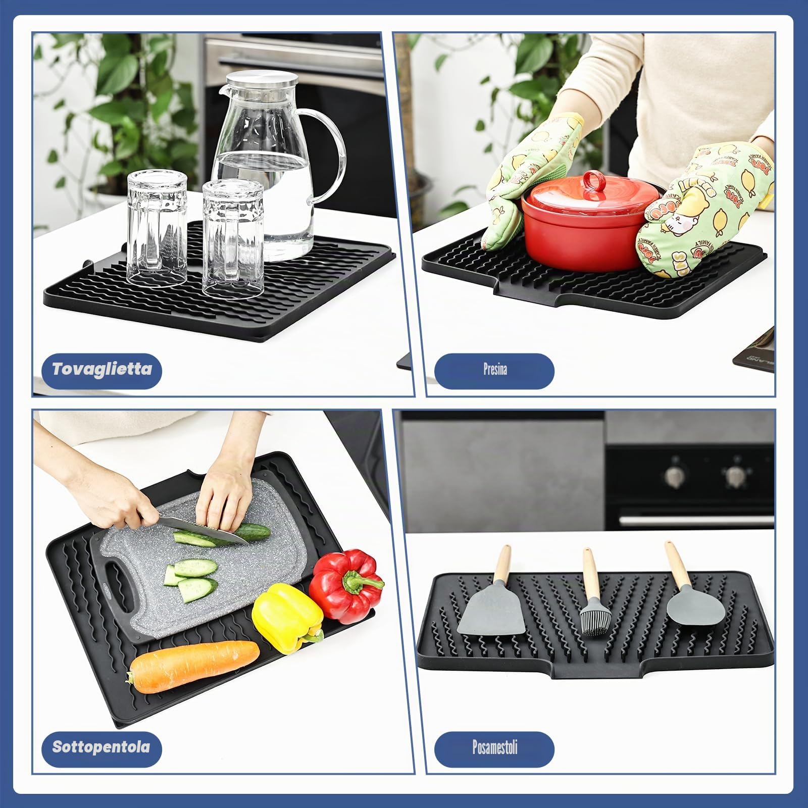 KitchenRaku Tappetino scolapiatti 40 x 33 cm, per stoviglie con superficie inclinata e scarico per un drenaggio ottimale dell'acqua (Nero)