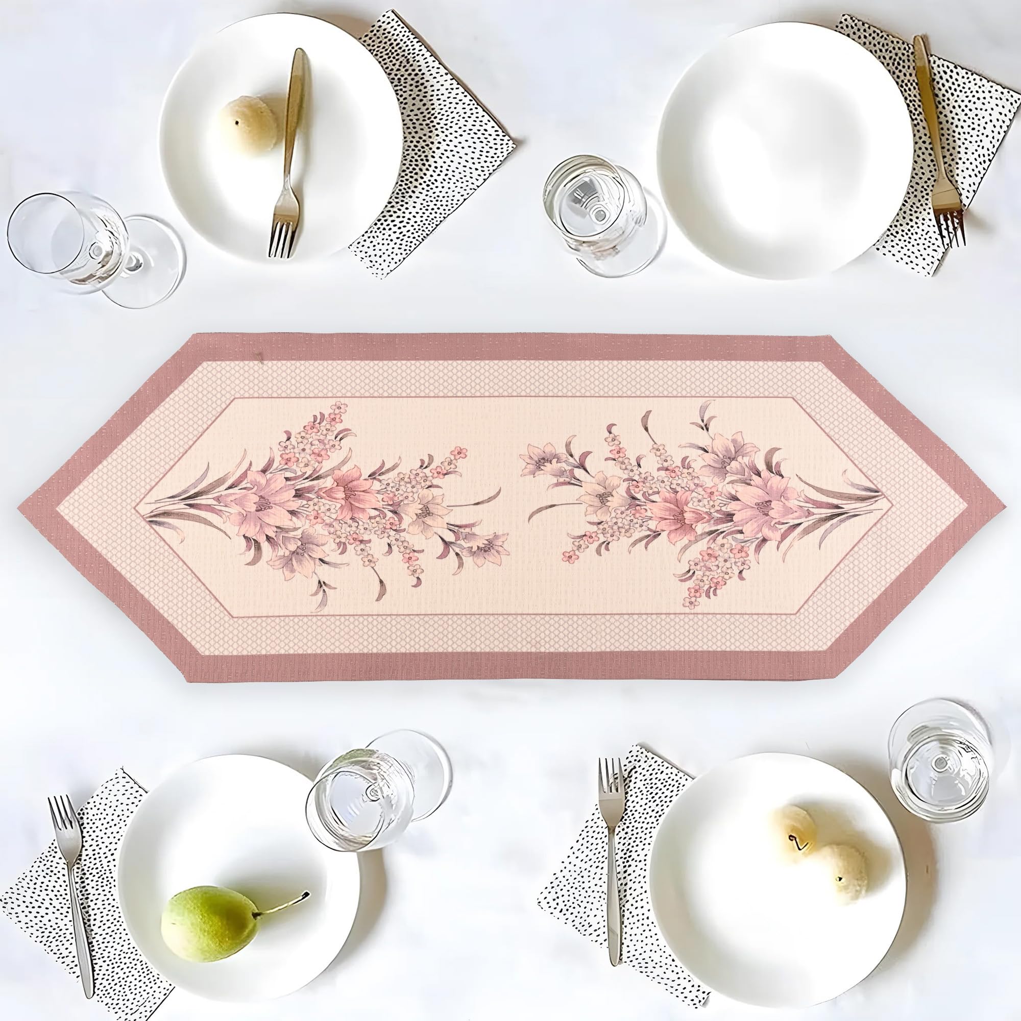 Kuber Industries 13"x36" Anti Slip Table Runner For Centre Table | Stylish Dining Table Runner for Living Room - Dining Table Accessories for Home & Hotel | 1047 Pyramid- Cream & Pink-image-5