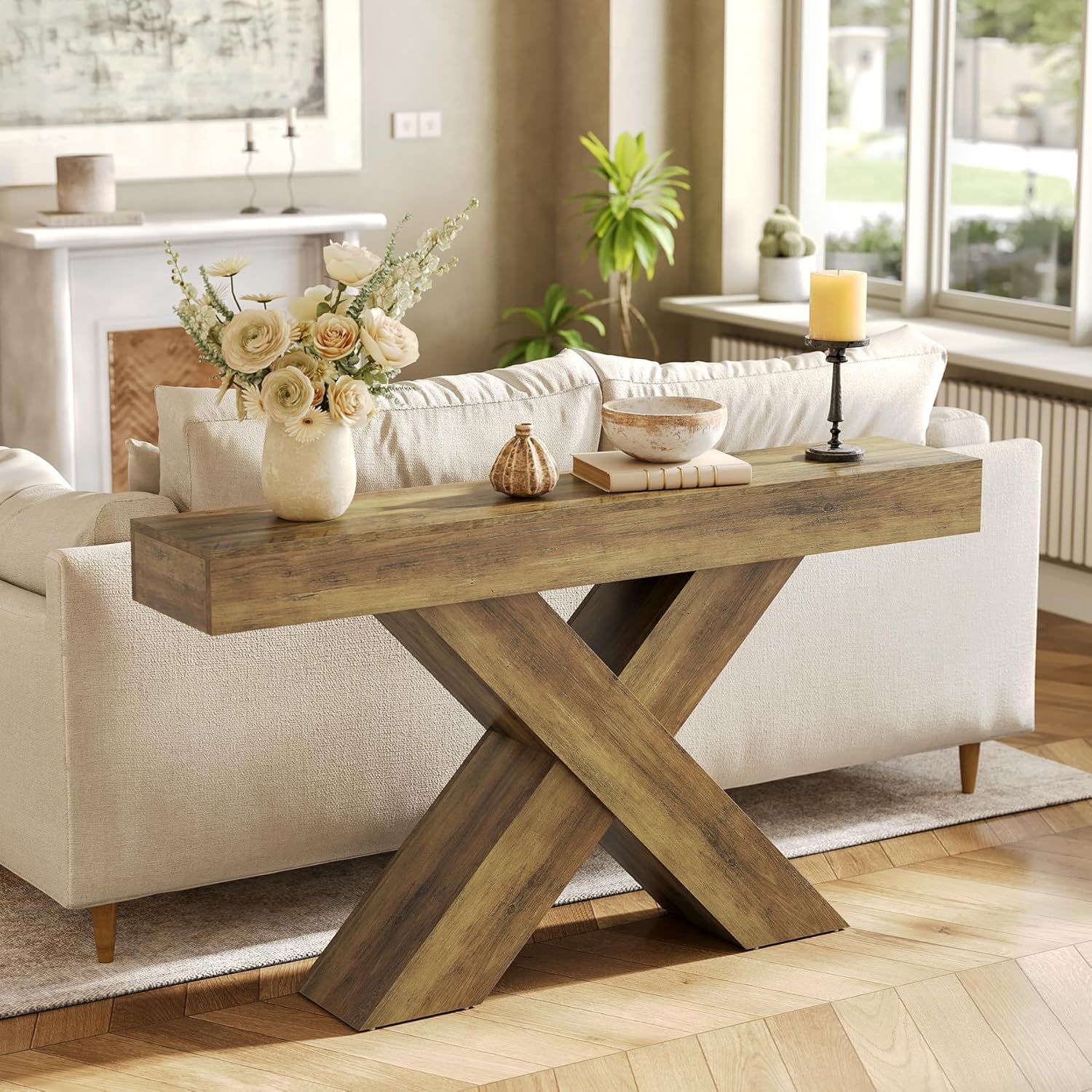 Tribesigns Consola Estrecha De 140 Cm, Estilo Rústico, para Entrada, Mesa De Centro En Forma De X Detrás del Sofá, Ideal para Salón, Entrada, Recibidor O Pasillo, Color Marrón Rústico