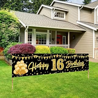 Happy 16th Birthday Banner Decorations for Boys, Black Gold 16 Birthday Signs Party Supplies, Sweet Sixteen Birthday Party Decor for Outdoor Indoor