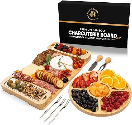 Miniatura 9 de Bambüsi Juego de regalo de tabla de charcutería, tabla de quesos y bandeja para servir, tablas grandes de bambú para charcutería, elegantes para