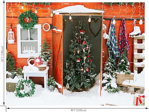 Miniatura 8 de Telón de fondo de fotografía de Navidad, puerta de granero de madera, árbol de pino, granja de invierno, nieve, Navidad, fondo de fiesta, decoración