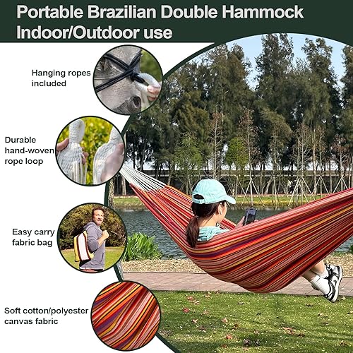 Miniatura 3 de JoyView Hamaca doble brasileña con cuerdas para colgar, extragrande de 86.6 x 59 pulgadas, hamaca portátil de algodón para patio, porche, capacidad