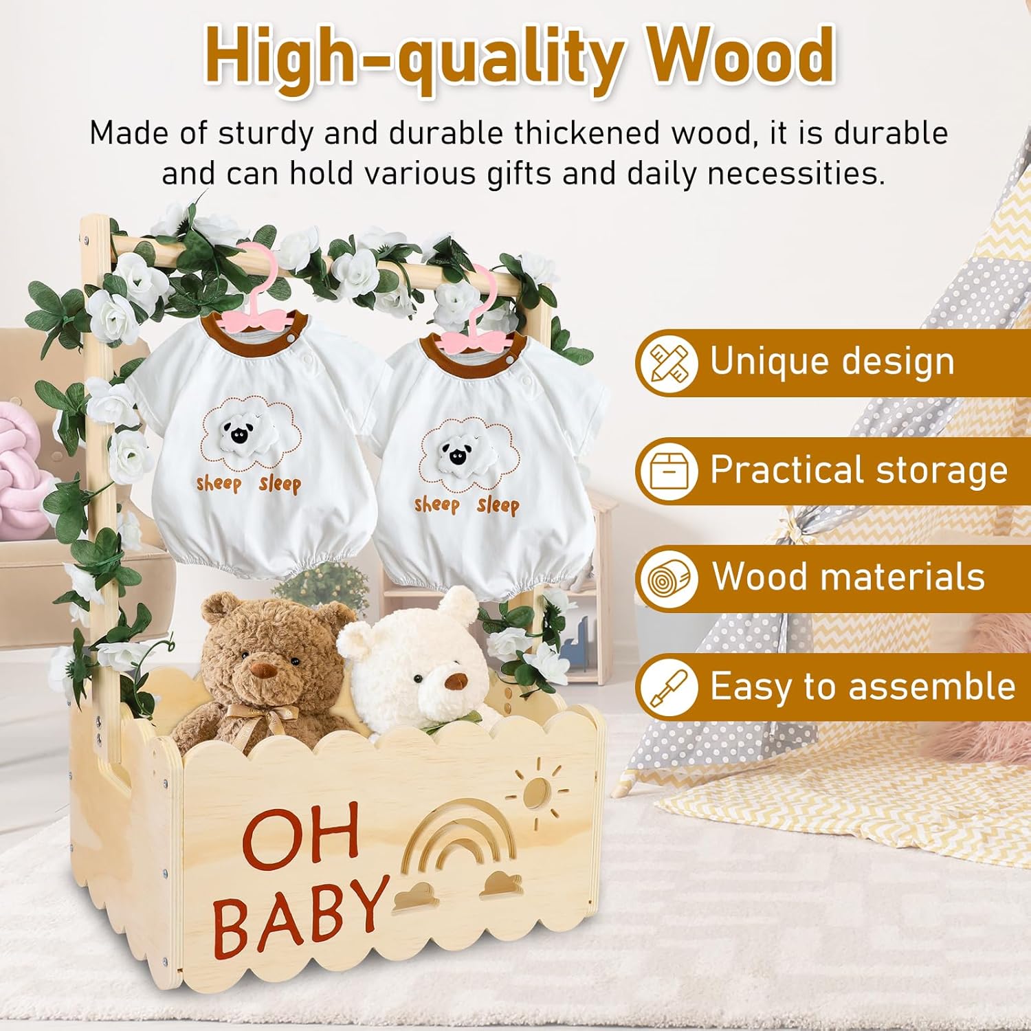 Wooden Baby Shower Crate Closet, Large Baby Shower Cupboard, Newborn Clothes Wardrobe Storage Basket with Handle Garland and 6 Clothes Hangers, Welcome Baby Gifts, for Pregnancy, 50.6 x 34 x 22.8cm