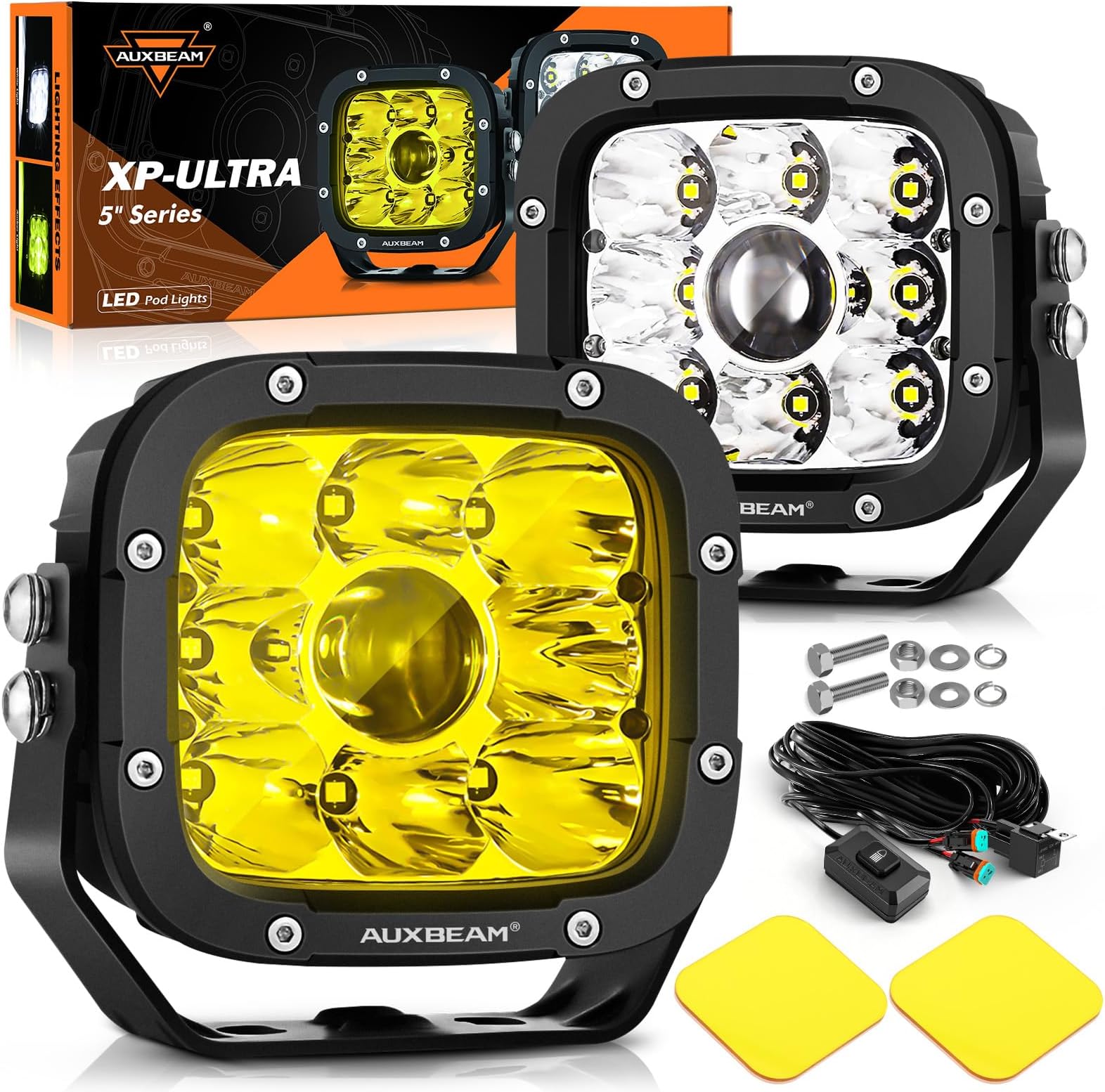 - 5" LED Pods, XP-Ultra Series Offroad Driving Light 110W Spotlight Cube Light Bar, Amber Fog Lights for Truck Jeep ATV UTV, Spot Beam, White Amber Cover, 2 Years Warranty