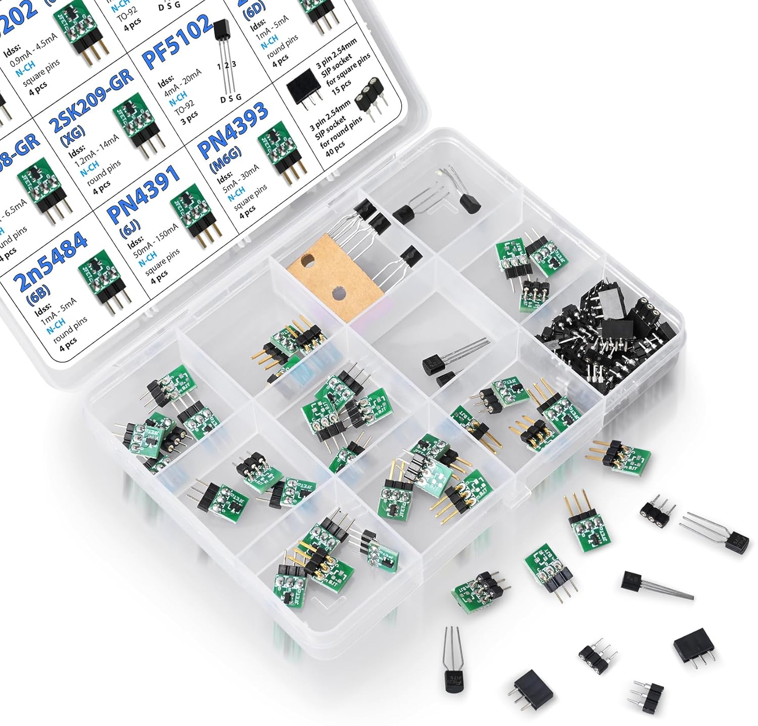 JFET FET Transistor Assortment Kit J201, J202, J113, J175, 2SK208-GR, 2SK209, PF5102, 2n5457, 2n5484, PN4391, PN4393 incl. sockets, 45 pcs