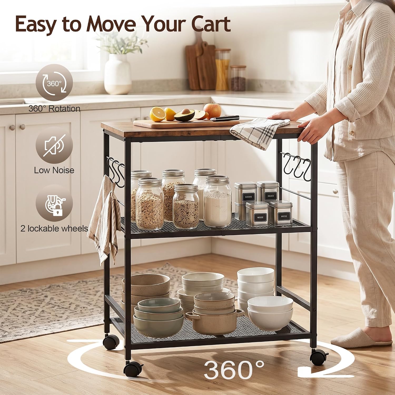 3-Tier Rolling Kitchen Microwave Cart with Storage, Mobile Kitchen Utility Cart with 2 Lockable Wheels, Coffee Bar Table Station with 6 S-Shaped Hooks for Kitchen Island, Living Room, Rustic Brown