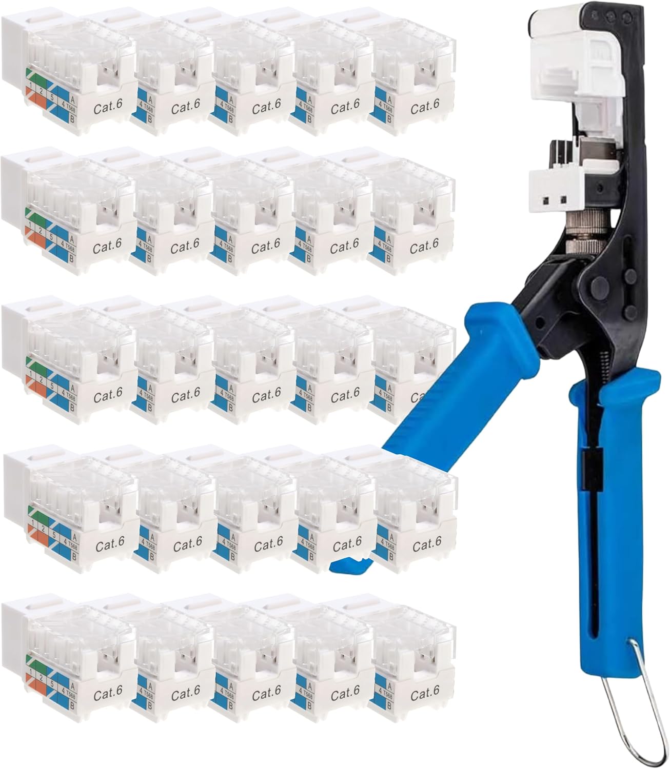 Punch Down Tool for 45° Keystone + 20 Pack Cat6 RJ45 Keystone Jacks White, Slim Profile Ethernet Wall/Panel Inserts