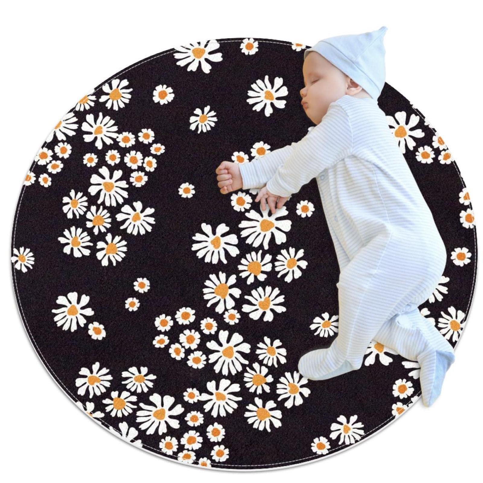 Petit tapis de salle de bain rond de 1m motif marguerites blanches