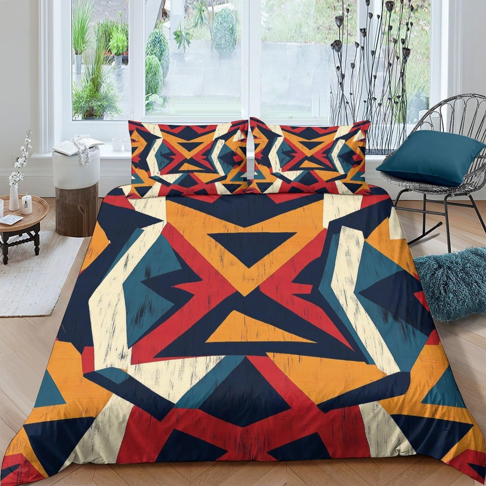 GPLZQXKJNH 3D Printed Geometric Abstract Duvet Cover Microfiber Orange Blue Pattern Bedding Set with 2 Pillowcases for Bedroom Home Single（135x200cm）