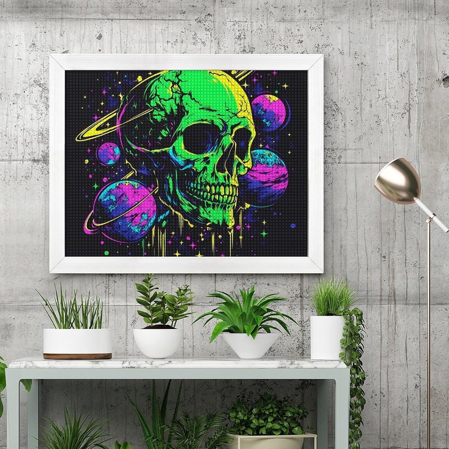 Dopamine Skeleton Universes Planets Printed Diamond 5D Painting Kits DIY Full Drill Crafts for Home Wall Decor 16x20 Inch White Wood 50 * 40cm