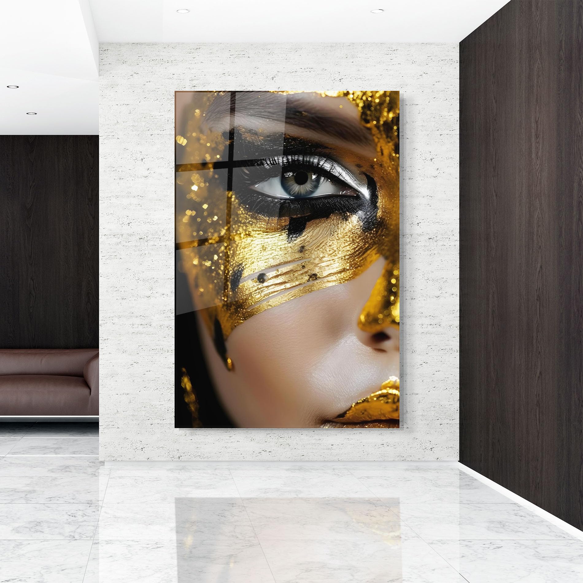 ARTHUB® Moderne impression sur verre 60x80 cm, 4mm verre trempé | Tableau en verre salon et chambre, Décoration murale moderne, Décoration intérieure, femmes, Black Gold Eyeliner